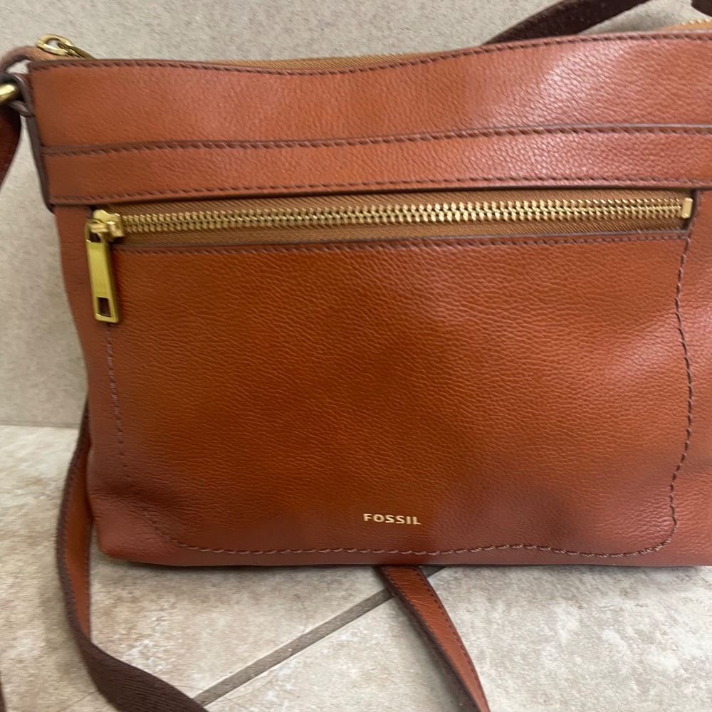 Fossil Crossbody Bag Cognac Pebbled Leather Brown Gold Tone travel brown - Picture 2 of 11